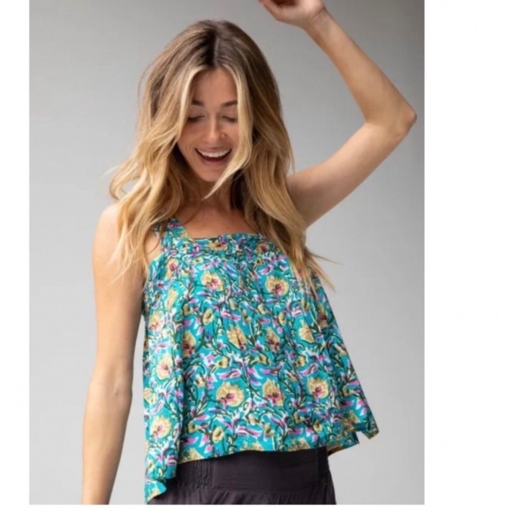 Natural Life Noelle Smocked Tank‎ Top Teal Blue Floral Boho Sleeveless Blouse M